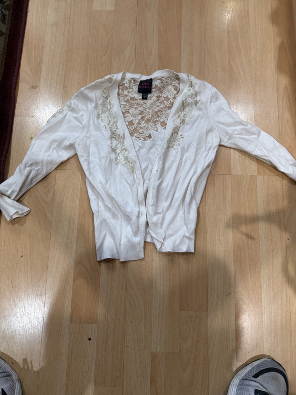 bebe Cream Lace-Back Cropped Cardigan